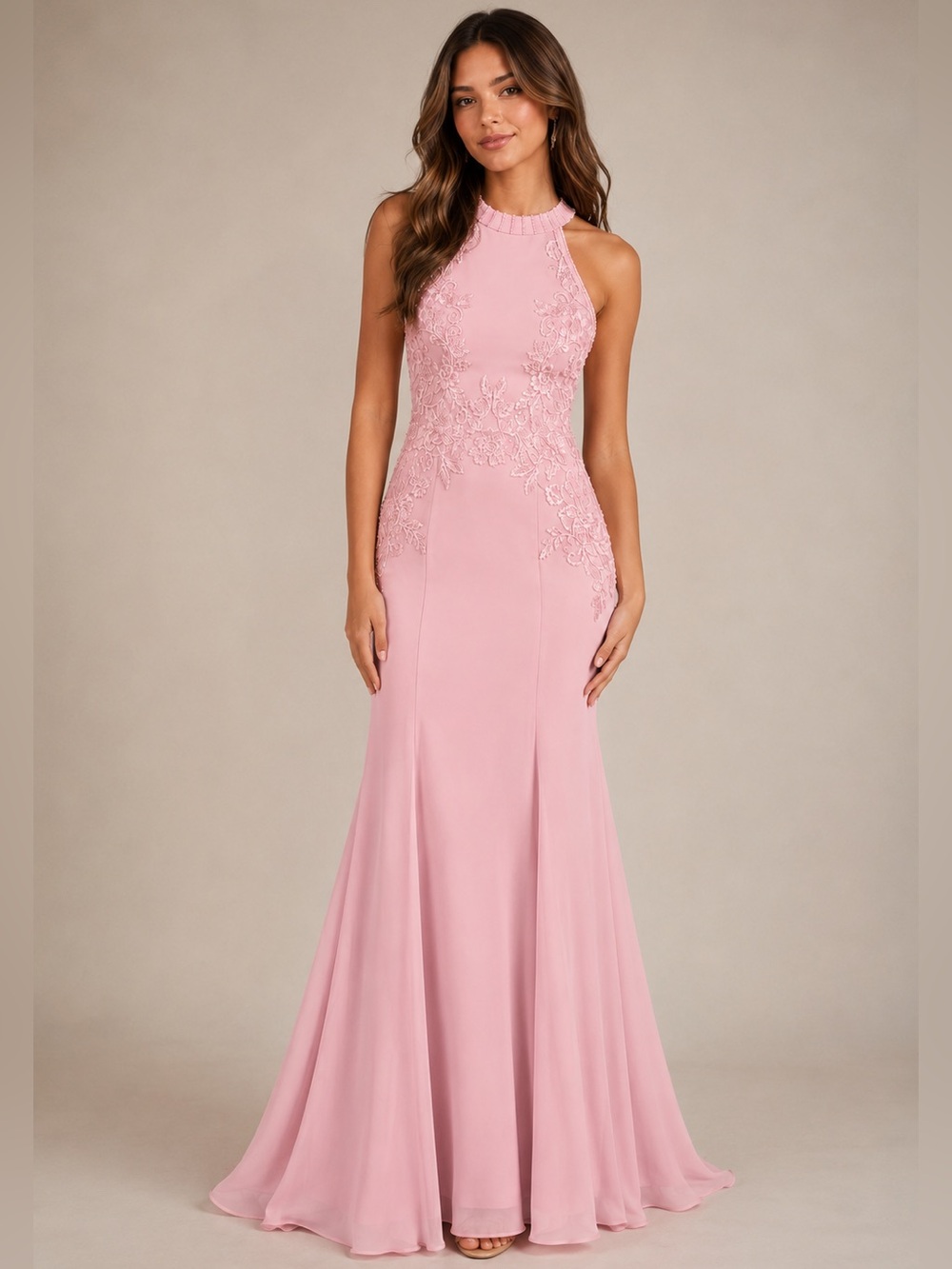 Pink Halter Floral Appliqué Formal Gown Wedding Guest Dress Size 0 NWT